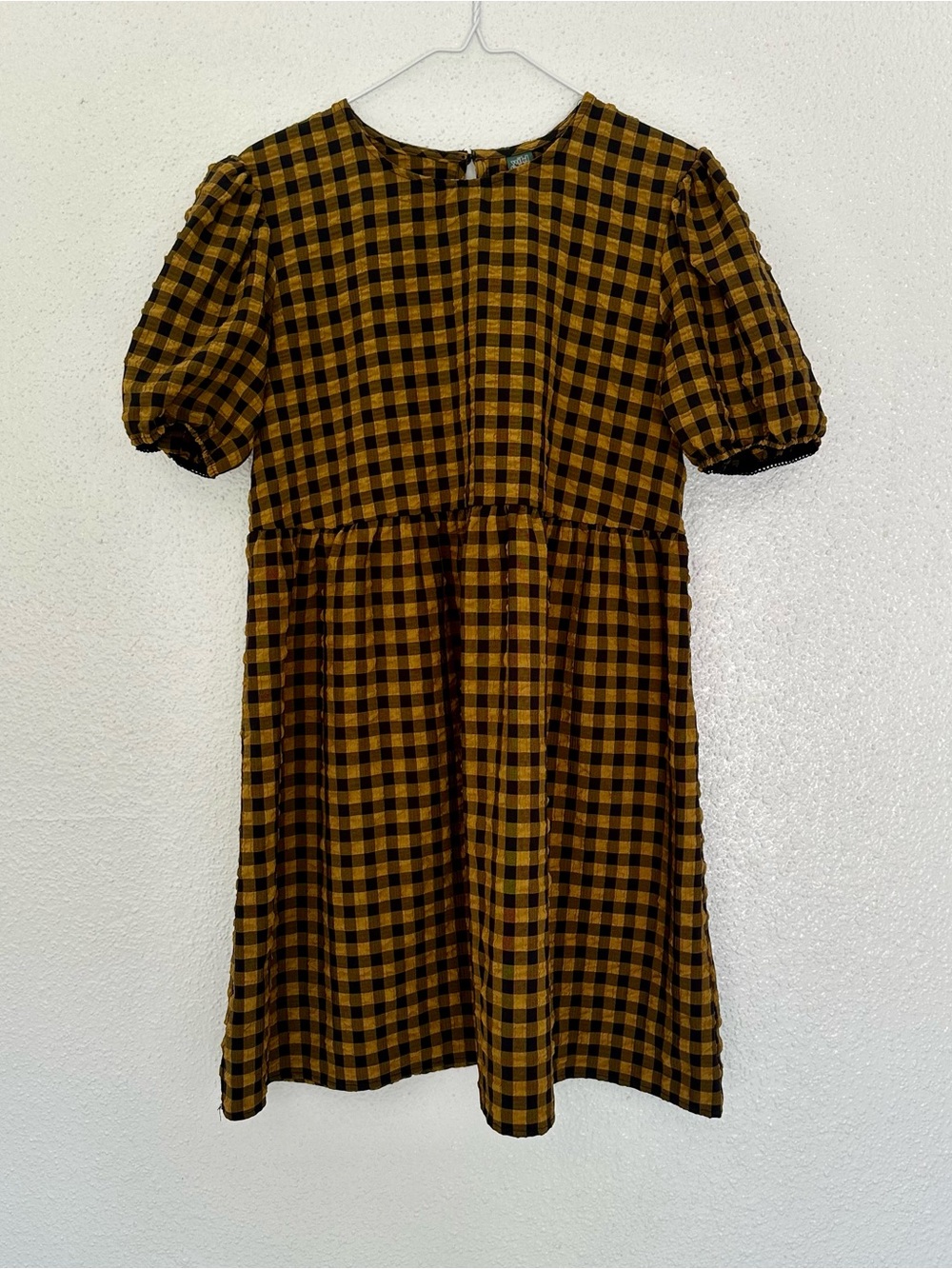 Grunge Punk Mustard and Black Gingham Puckered Puff-Sleeve Dress - Picture 2 of 6